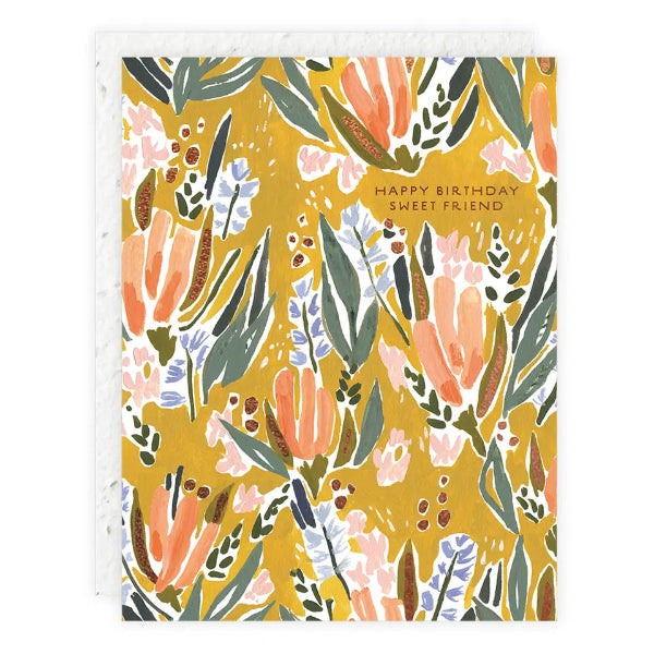 Floral patterned card with 'Happy Birthday Sweet Friend' text on a yellow background