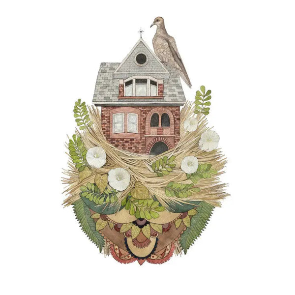 Illustration of a birdhouse with a bird on top, surrounded by flowers and leaves.