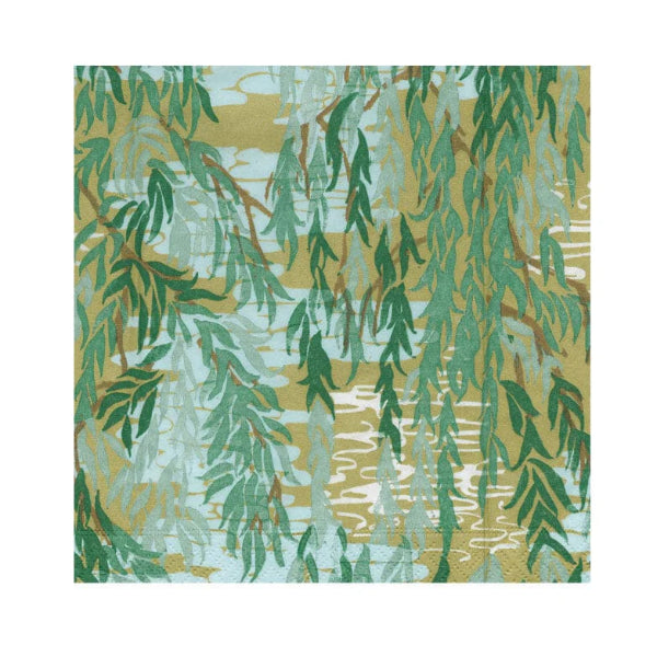 A square textile or fabric swatch featuring a weeping willow pattern with green leaves, light blue water, and a warm beige background.