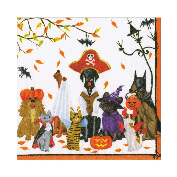 Halloween-themed illustration of animals in costumes with pumpkins and bats.