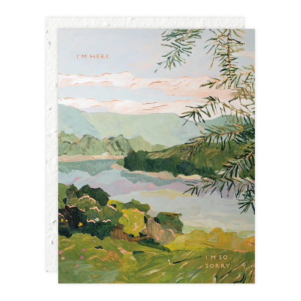 Artistic depiction of a landscape with mountains and trees, featuring text 'I'm here' and 'I'm so sorry'.