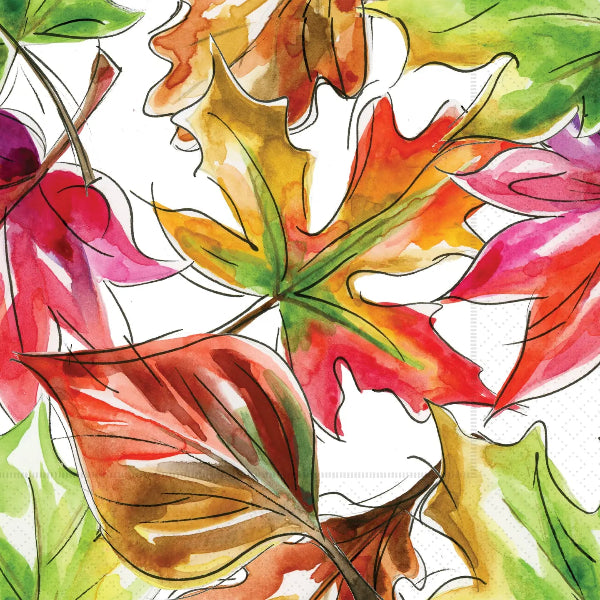 Watercolor autumn leaves pattern with red, orange, yellow, green, and pink leaves on a white background.