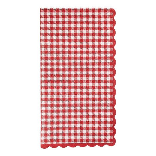A rectangular red and white gingham checkered tablecloth with a scalloped edge, shown flat against a plain white background.