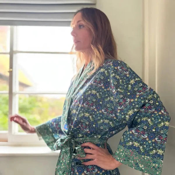 Long Kimono Robe in Blue Strawberry Thief