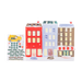 A children's sticker sheet featuring an illustration of three colorful city buildings in winter, alongside separate sticker strips of trees, snow, hearts, and the yellow taxi character.