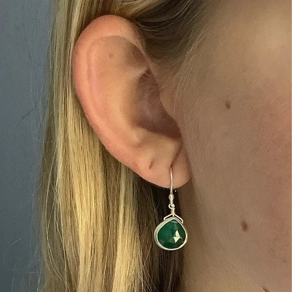 Small Green Onyx Earrings-Silver