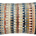 A square throw pillow featuring a textured vertical stripe pattern with abstract geometric and floral motifs in navy blue, rust red, mustard yellow, beige, and dusty pink.