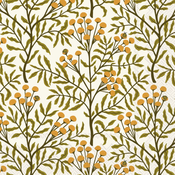 A repeating botanical pattern featuring olive green leaves and small round orange-yellow berries on dark brown branches, set against a warm off-white background.
