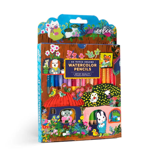 Pack of watercolor pencils with colorful packaging featuring cartoon characters and illustrations.