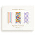 Ramona & Ruth Magnetic Bookmarks set of 3 in a white gift box. The bookmarks feature three distinct patterns: a vertical multicolor stripe design, a colorful floral print with orange, yellow, blue, and purple flowers, and a lavender and white checkerboard pattern.