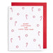 Christmas card with candy cane patterns and 'Merry Christmas and Happy New Year' text on a white background with red border.