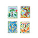 Four small sketchbooks with colorful illustrations on a white background
