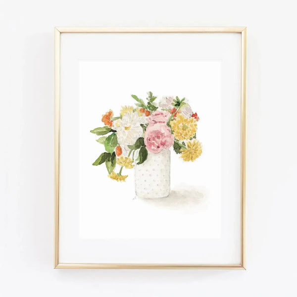 Framed artwork of a floral arrangement in a white vase on a white background