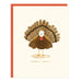 A square greeting card with a cream background featuring an illustrated turkey with brown feathers, a white head, and a red wattle. The card has a coral-orange border and the text 'GOBBLE GOBBLE' below the turkey.