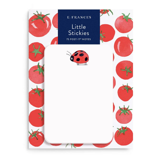 E. Frances Little Stickies post-it notes set with a tomato and ladybug pattern, featuring a navy blue header card and a white sticky note pad in the center.