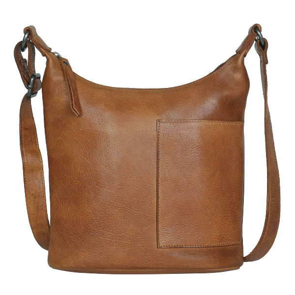 Brown leather shoulder bag on a white background