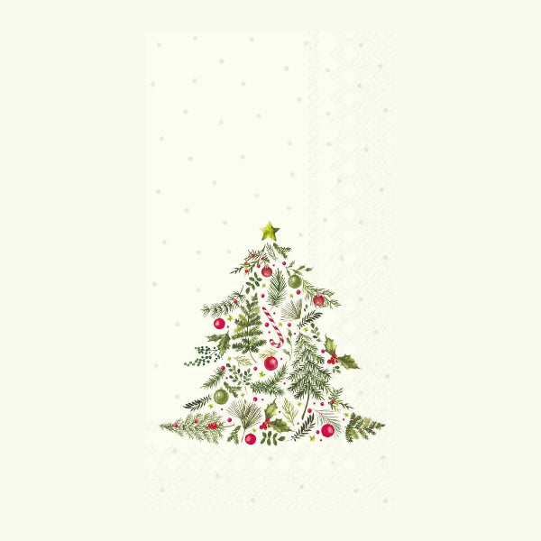 A Christmas tree made from illustrated evergreen branches, pine needles, red berries, candy canes, and a gold star, printed on a white paper napkin with a subtle embossed pattern.
