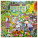 Colorful quilt with a garden scene featuring people, animals, and flowers.