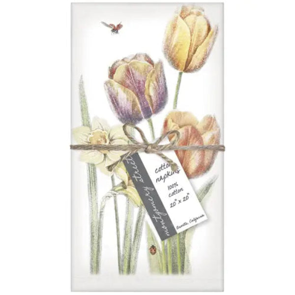 Cotton napkins with tulip design and tag on a white background