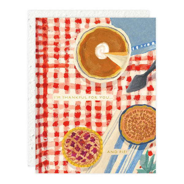 Card with illustration of pies on a red and white checkered tablecloth
