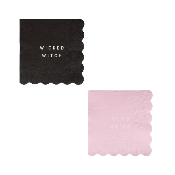 Two square napkins, one black with 'Wicked Witch' text and one pink with 'Good Witch' text, on a white background.
