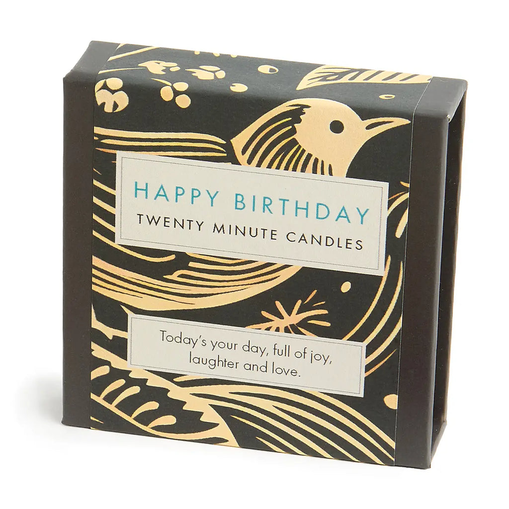 Box of 'Happy Birthday' candles with gold bird design on a black background