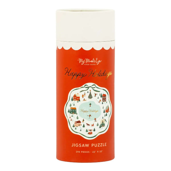 A cylindrical red puzzle box with a white lid, featuring a winter holiday illustration and the text 'MyMakerEye Happy Holidays Jigsaw Puzzle' on a white background.