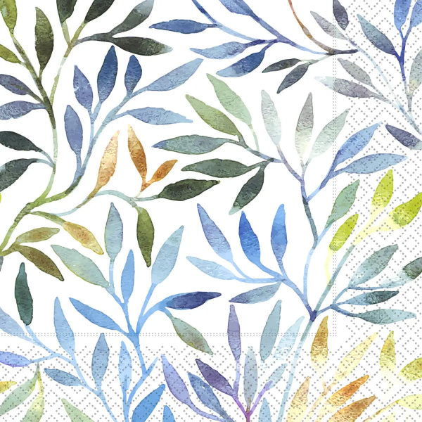 Watercolor botanical pattern featuring delicate leafy branches in soft shades of blue, green, yellow, and gold on a white background with a subtle dotted texture.
