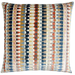 A square throw pillow featuring a vertical striped geometric pattern in navy blue, rust orange, mustard yellow, beige, and white.