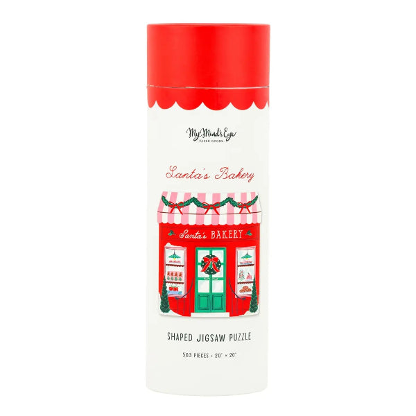 A cylindrical white puzzle box with a red lid and a festive Santa's Bakery illustration on the front. The text reads 'My Mind's Eye Jigsaw Puzzles' and 'Santa's Bakery Shaped Jigsaw Puzzle 503 Pieces - 9" x 10"'.