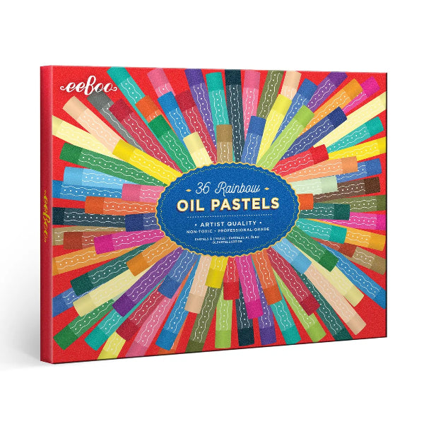 Box of 36 rainbow oil pastels with colorful design on a white background