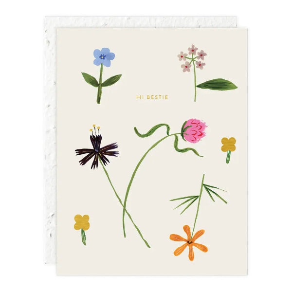 Card with colorful floral illustrations and 'Hi Bestie' text on a beige background