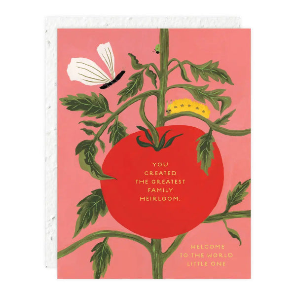 Greeting card with a tomato illustration and text on a pink background