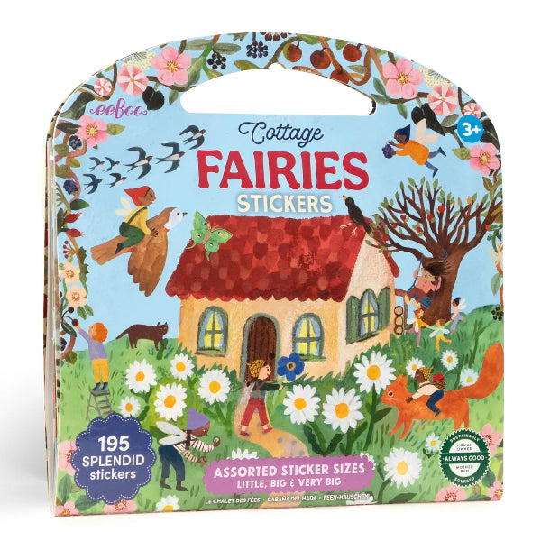 Cottage Fairies Stickers board book by Lechler Books, featuring a whimsical illustration of a fairy cottage surrounded by flowers, fairies, birds, and a fox on the front cover.