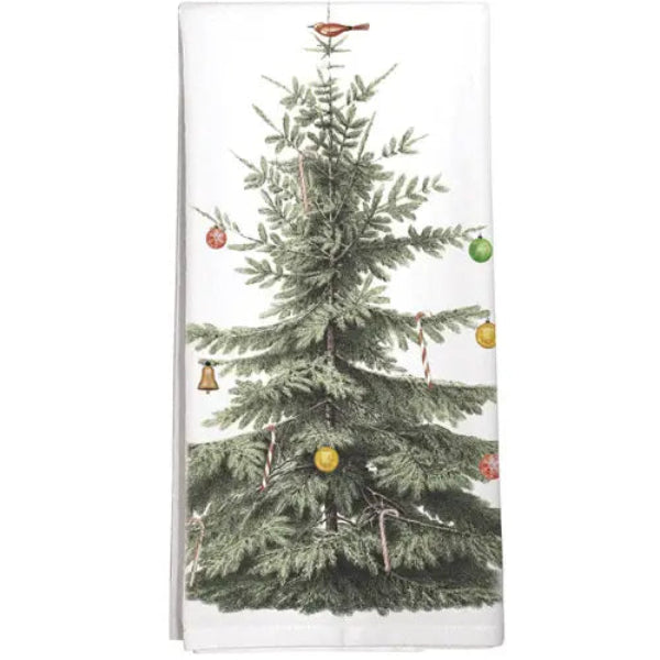 A white kitchen towel featuring a vintage-style illustration of a decorated Christmas tree with ornaments and a bird topper, shown hanging flat against a white background.