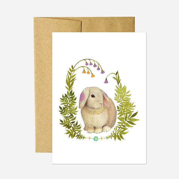 Greeting card with a rabbit illustration on a white background