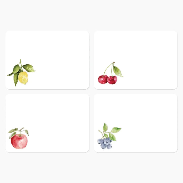 Set of four cards with fruit illustrations on a white background
