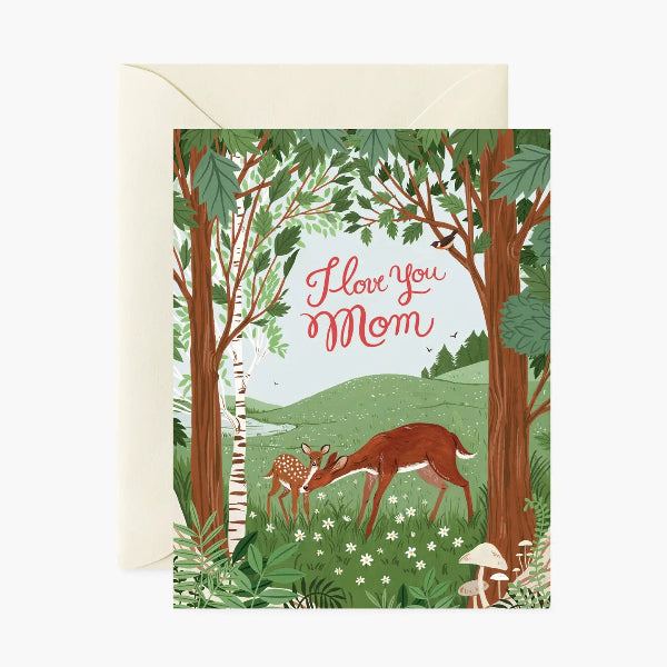 Greeting card with deer illustration and 'I Love You Mom' text in a forest setting