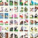 A grid of small illustrated animal and nature cards on a white background, including foxes, birds, rabbits, a frog, mushrooms, a beaver, a badger, a hedgehog, and other woodland animals.