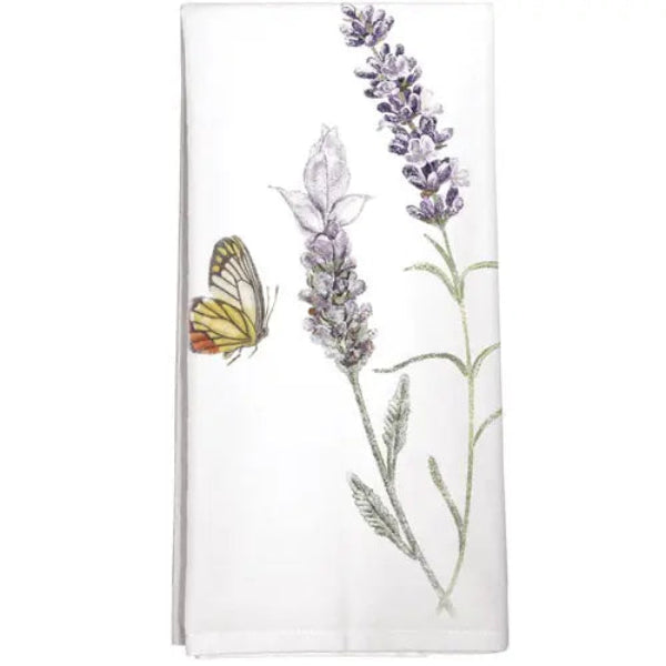 Napkin with lavender and butterfly design on a white background