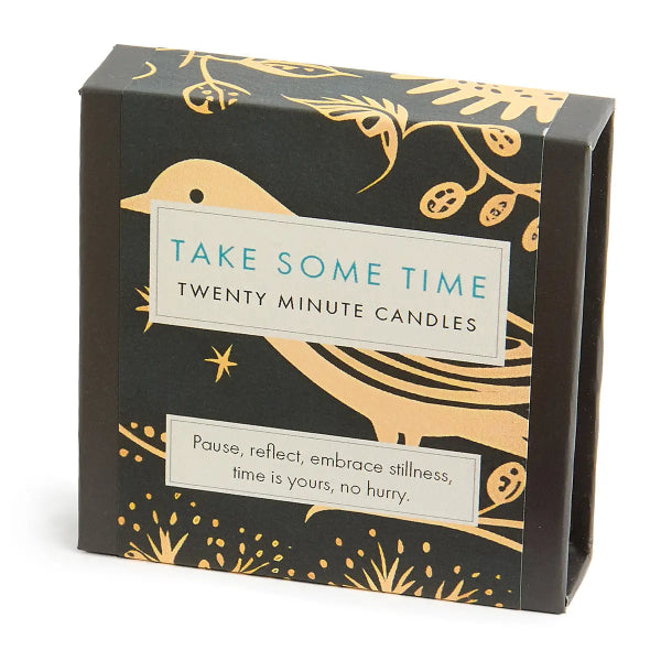 Box of 'Take Some Time' twenty-minute candles with decorative design and text.