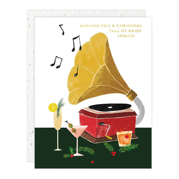 Greeting card with a vintage gramophone, cocktails, and Christmas decorations on a white background.