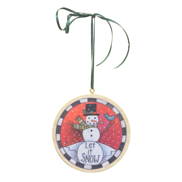 Round Christmas ornament with a snowman design and 'Let it Snow' text, hanging on a green ribbon against a white background.