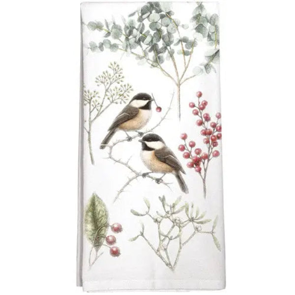 Towel with chickadee design on a white background