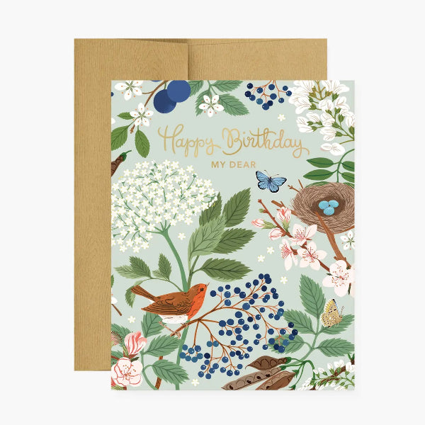 Greeting card with floral design, birds, and 'Happy Birthday, My Dear' text on a light blue background.