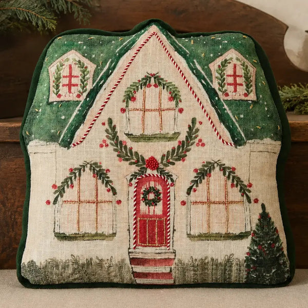 A decorative square throw pillow featuring a hand-embroidered Christmas house design. The pillow has a dark green border and a cream-colored center panel with a green roof, red door, red wreath, and green garlands with red berries.