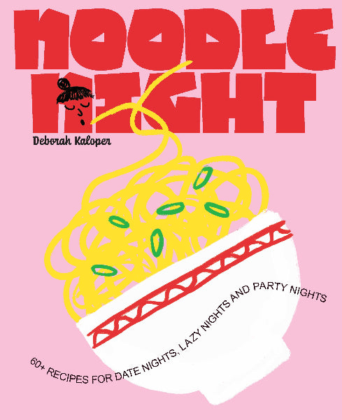 Book cover of 'Noodle Night' with a pink background, yellow noodles, and red text.