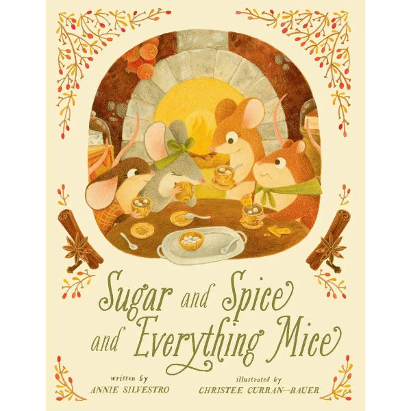 Book cover of 'Sugar and Spice and Everything Mice' with mice around a table and decorative elements.