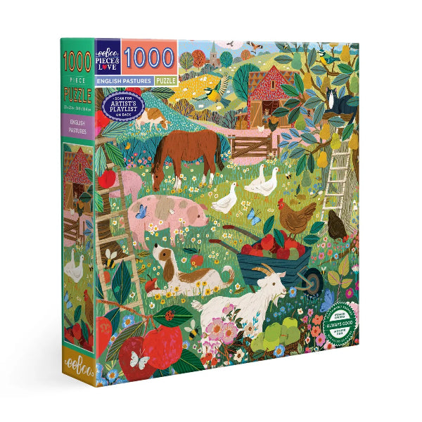 Jigsaw puzzle box with farm animals and nature design on a colorful background