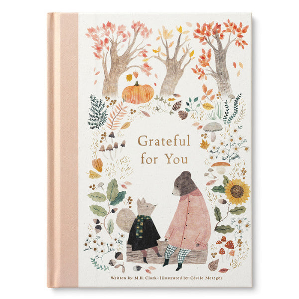 Book cover with autumn-themed illustration of two bears and pumpkins, titled 'Grateful for You'.